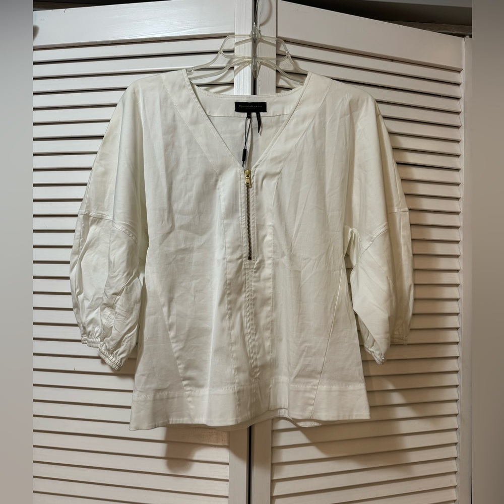 Donna Karan Women's White Puff Sleeve Zip Up Shirt Size XS